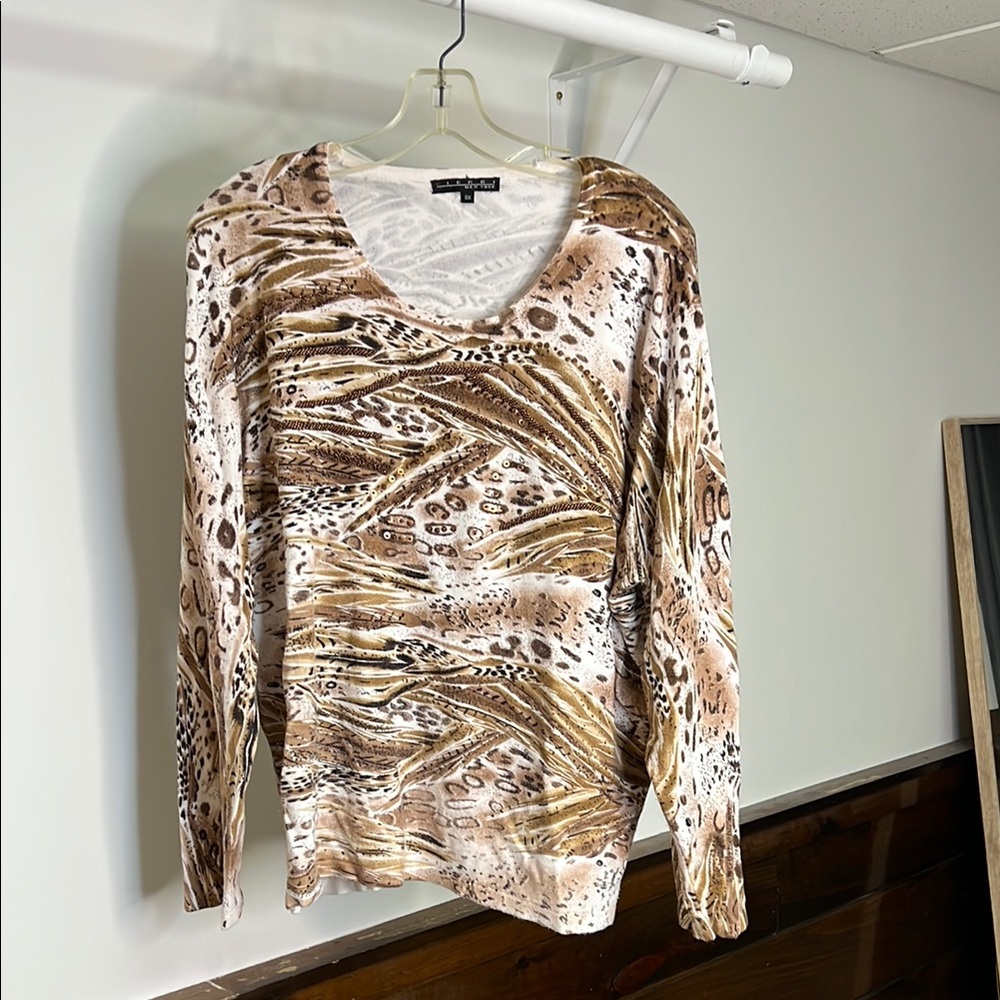 Pierri New York Brown and Cream Animal‎ Print Beaded Sweater- 3X